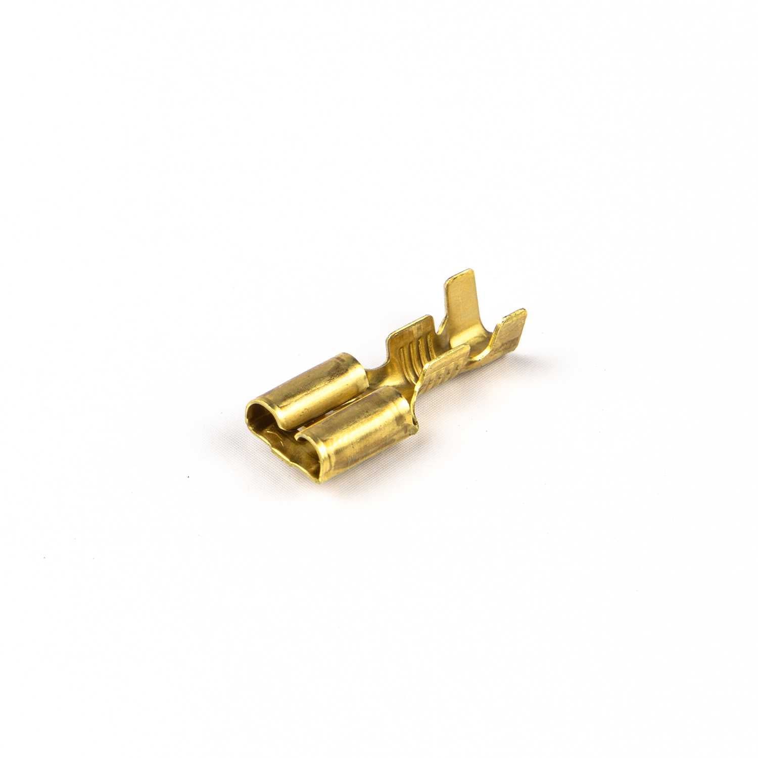 14327.00 Vlakstekerhuls messing 6,3X0,8 mm 1-2,5 mm2 met weerhaak en dimpel los verpakt (Zak 1000 stuks)
