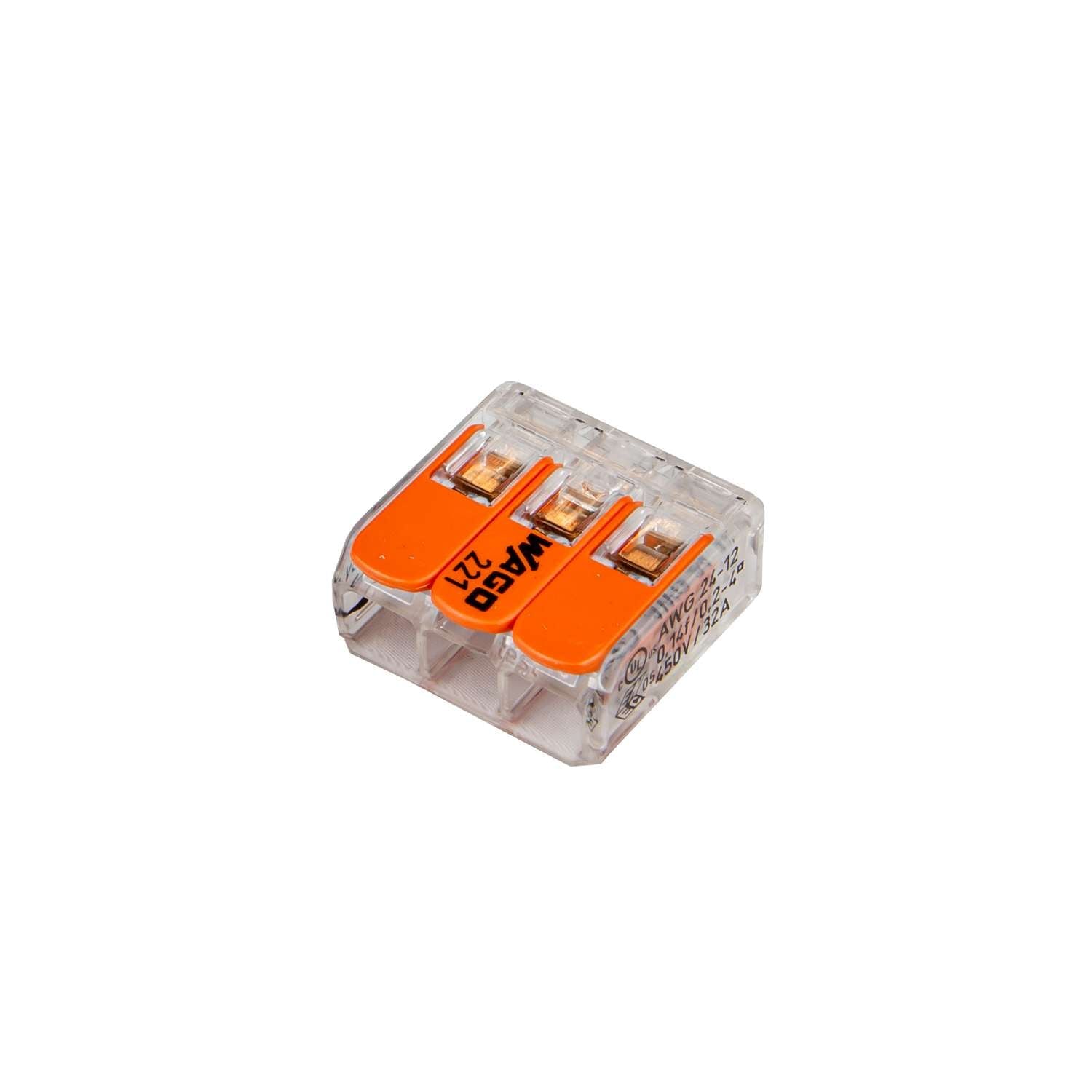 221-413 WAGO lasklem serie 221 met oranje clips 3P (Doosje 50 stuks)